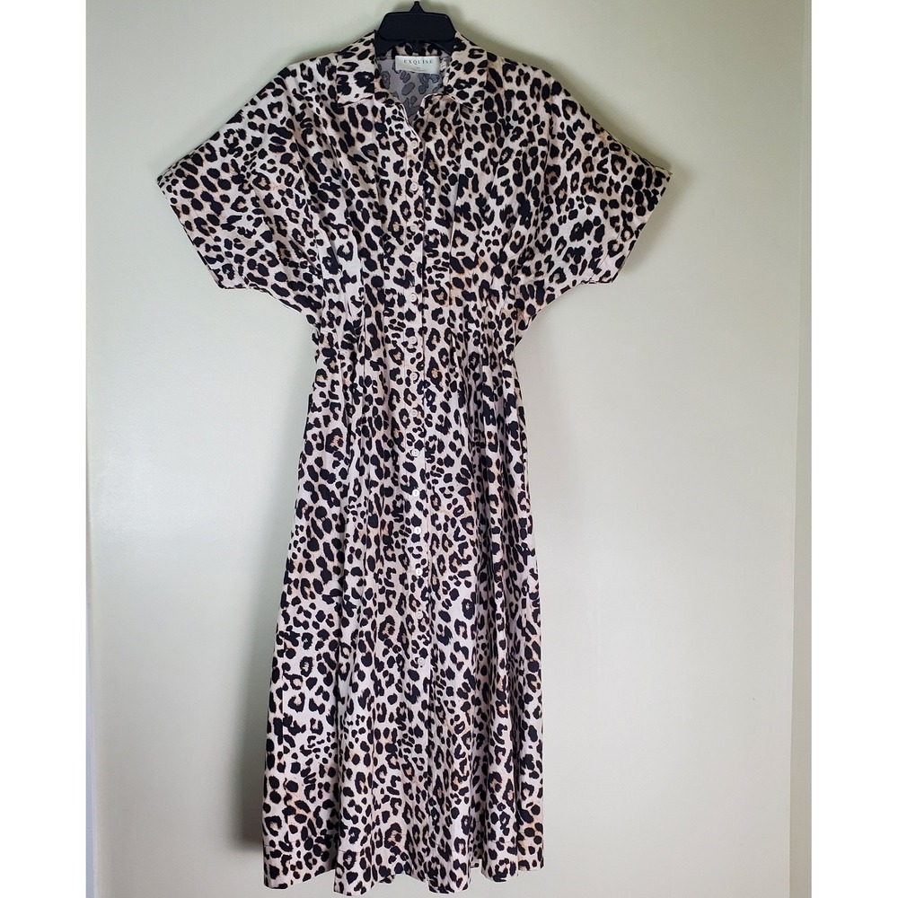Anthropologie Exquise Tobie Leopard Print Button Front Shirt Dress Medium Petite